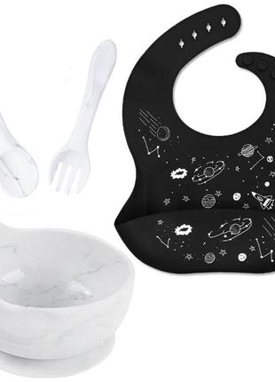 Набір силиконового посуду 2life глибока тарілка і столові прибори y1, слинявчик з буквами чорний  v-11757