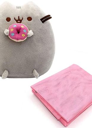 Мягкая игрушка pusheen cat с пончиком 23x25см серый и пляжный коврик анти песок sandmat 120*150см pink v-11951