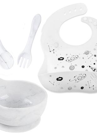 Набір силиконового посуду 2life глибока тарілка і столові прибори y1, слинявчик з буквами білий n-11759