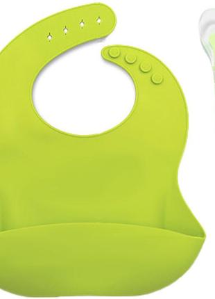Набор ложка силиконовая для кормления ребенка эргономичная и слюнявчик силиконовый салатовый (n-787)