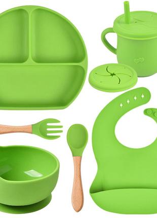 Набір силіконового посуду y7 трьохсекційна тарілка, поїльник, ложка виделка дерев'яні, слюнявчик зелений v-11135