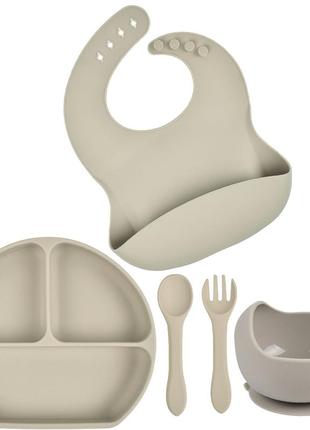 Набор y20 силиконовая тарелка, слюнявчик, круглая тарелка для первых блюд, ложка, вилка кремовый (vol-9926)