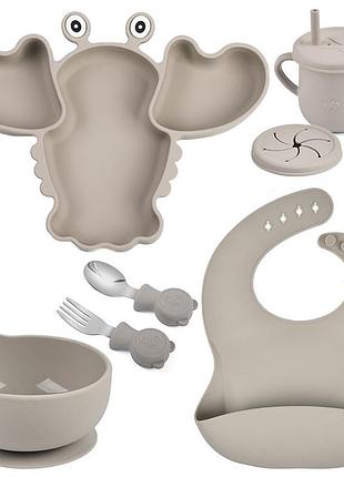 Набір посуду 2life y20 трьохсекційна тарілка рак,поїльник,ложка виделка металеві,слюнявчик сірий v-11207
