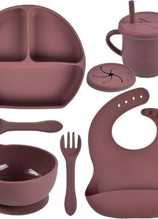 Набор силиконовой посуды y16 трех-секционная тарелка, поильник, ложка вилка, слюнявчик бордовый (n-10993)