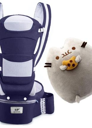 Хипсит, ерго-рюкзак кенгуру переноска baby carrier 6 в 1 темно-синій і пушини кет з печивом (n-1393)