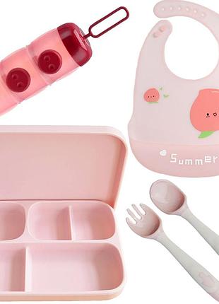 Набір посуду 2life п'ятисекційна тарілка а2 з кришкою прилади слинявчик рожевий контейнер длясуміщі v-11876