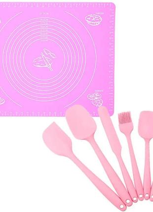 Силіконовий антипригарний килимок 30х40 і набір силіконових кухонних приналежностей 6 в 1 рожевий v-119411 фото