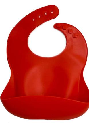 Детский слюнявчик силиконовый 30х23 см с четырьмя застежками и карманом красный (vol-9692)