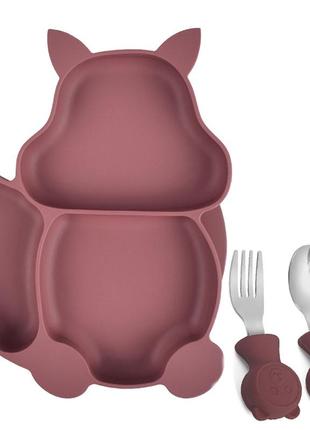 Набір 2life трьохсекційна тарліка білка y16 і металеві ложка виделка бордовий v-11931