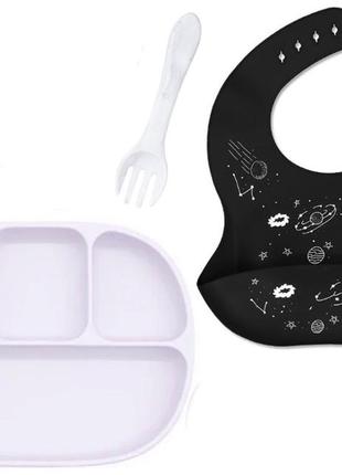 Набор силиконовый посуды 2life четырехсекционная тарелка d1, приборы y1 и слюнявчик космос черный v-11780