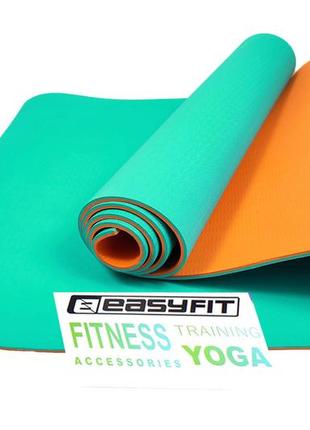Килимок для йоги та фітнесу easyfit tpe+tc 6мм двошаровий бірюзовий-помаранчевий