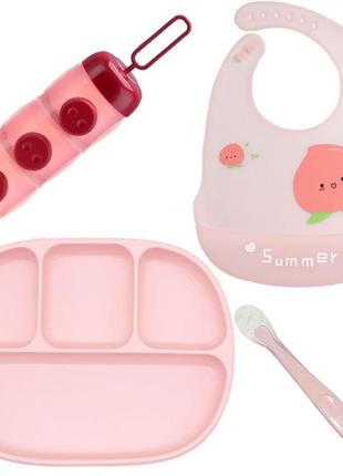 Набор посуды 2life четырехсекционная тарелка d9 ложка слюнявчик розовый и контейнер для детских смесей v-11873