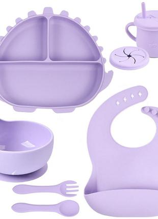 Набір посуду y2 трьохсекційна тарілка динозавтр,поїльник,ложка виделка, слюнявчик фіолетовий v-11210