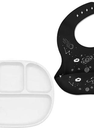 Набор силиконовый посуды 2life четырехсекционная тарелка d14 и слюнявчик космос черный n-11766