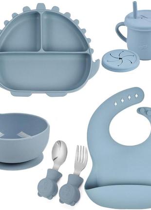 Набір посуду y21 трьохсекційна тарілка,поїльник,ложка виделка металеві,слюнявчик блакитний n-11268