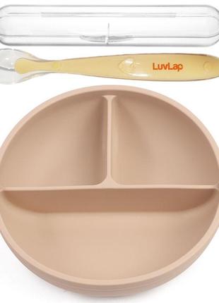 Глибока трисекційна силіконова тарілка 2life y24 і силіконова ложка в кейсі жовта  v-11847