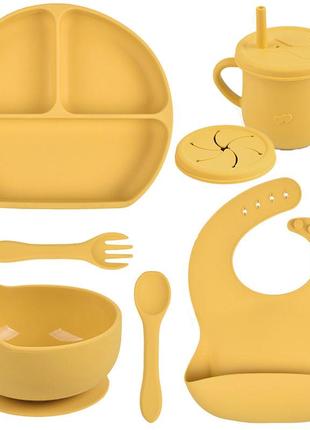 Набор силиконовой посуды y28 трех-секционная тарелка, поильник, ложка вилка, слюнявчик желтый (v-11005)