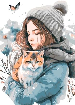 Картина по номерам девушка с котиком зимой 40*50 см оригами lw 31510