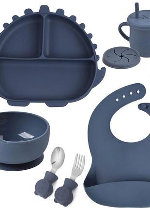 Набор посуды y10 трехсекционная тарелка динозавр,поильник,ложка вилка металлические,слюнявчик синий n-11261