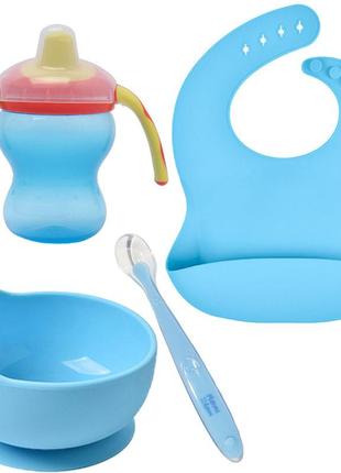 Набор посуды 2life глубокая тарелка слюнявчик y9 ложка и поильник-непроливайка голубой n-118621 фото