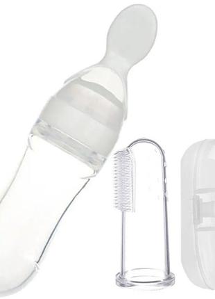 Силиконовый набор 2life бутылка-ложка и прорезыватель-насадка на палец в кейсе прозрачный v-11802