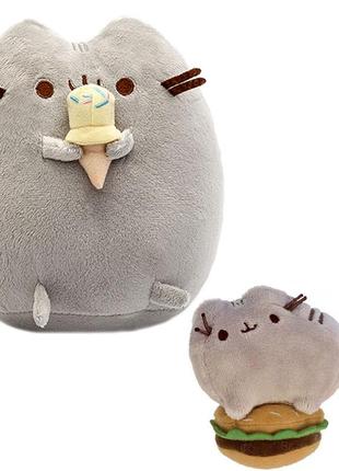 Набір м'яких іграшок 2life пушин кет з морозивом 23х25 см і pusheen cat 8х7 см з гамбургером сірий v-11977