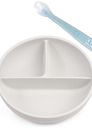 Глибока трисекційна силіконова тарілка 2life y23 і силіконова ложка блакитна n-11845