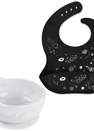 Набор силиконовой посуды 2life глубокая тарелка y1 и слюнявчик космос черный v-11755
