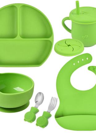 Набір силіконового посуду y7 трьохсекційна тарілка,поїльник,ложка виделка металеві,слюнявчик зелений v-11163