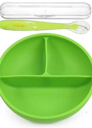 Глибока трисекційна силіконова тарілка 2life y7 і силіконова ложка в кейсі зелений v-11836