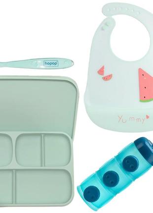 Набір посуду 2life п'ятисекційна тарілка а3 з кришкою ложка слинявчик зелений контейнер для суміщі n-11867