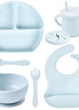 Набор силиконовой посуды y5 трехсекционная тарелка с крышкой,поильник,ложка вилка,слюнявчик голубой n-11126