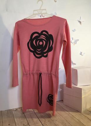 Туніка вільна плаття з довгим рукавом принт квітка шнурок сарафан коротка сукня довгий