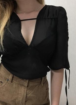 Чёрная блуза полиестер/ блуза с декольте / чёрный шифон6 фото