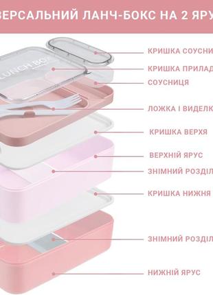 Ланчбокс двухуровневый из пищевого пластика для микроволновки, 1600мл розовый6 фото