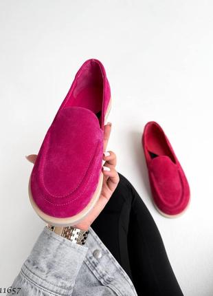 Рожеві фуксія жіночі лофери туфлі мокасини з натуральної замші9 фото