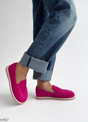 Рожеві фуксія жіночі лофери туфлі мокасини з натуральної замші4 фото