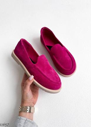 Рожеві фуксія жіночі лофери туфлі мокасини з натуральної замші2 фото