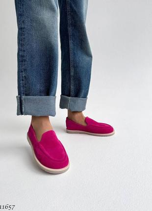 Рожеві фуксія жіночі лофери туфлі мокасини з натуральної замші3 фото