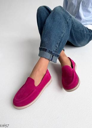 Рожеві фуксія жіночі лофери туфлі мокасини з натуральної замші5 фото