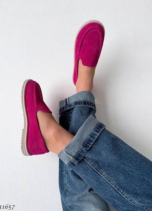 Рожеві фуксія жіночі лофери туфлі мокасини з натуральної замші10 фото