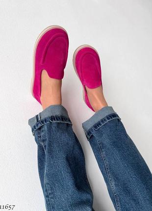 Рожеві фуксія жіночі лофери туфлі мокасини з натуральної замші8 фото