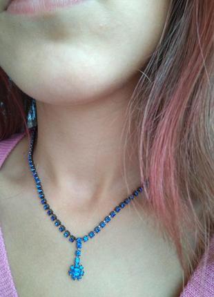Стильное колье с ультрамариновыми кристаллами/синее украшение с кулоном на шею/ожерелье2 фото