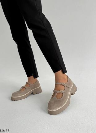 Бежевые натуральные замшевые туфли с ремешками на толстой подошве замш беж6 фото