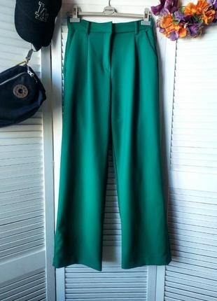 Брюки штаны палаццо широкие на высокой талии посадке с карманами зелёные h&m3 фото
