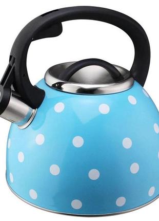 Чайник із свистком для газової плити unique un-5301 2,5л горошок, металевий чайник. колір: блакитний8 фото