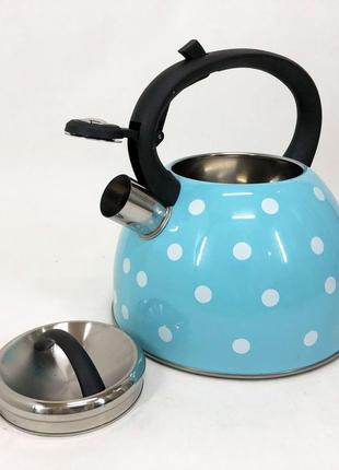 Чайник із свистком для газової плити unique un-5301 2,5л горошок, металевий чайник. колір: блакитний4 фото