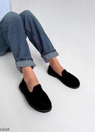 Чорні натуральні замшеві класичні туфлі лофери замша