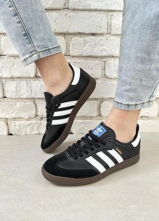 Женские мужские кроссовки adidas samba black адидас самба черные кеди a-1001