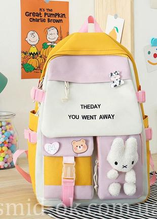 Рюкзак шкільний набір 5 в 1 для дівчаток 5-11 класу 44 см, в комплекті: клатч сумка гаманець пенал, брелок-ведмедик жовто-рожевий2 фото